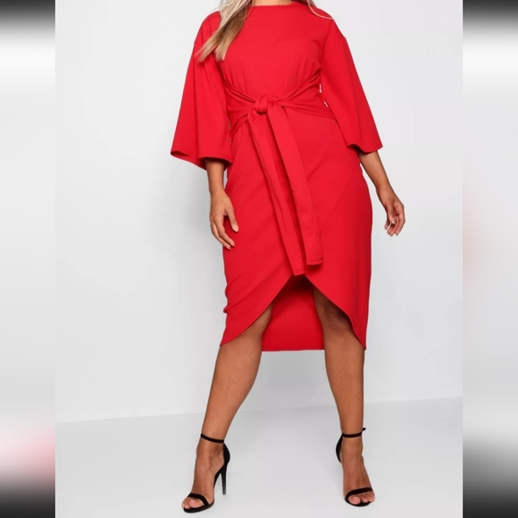 Boohoo Plus Dresses & Skirts - Red Plus Size Kimono Sleeves Wrap Over Midi Dress